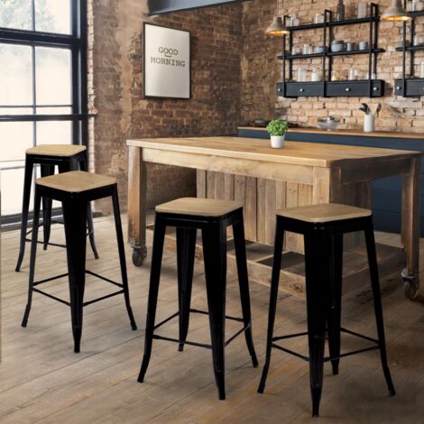 Lote de 4 taburetes de bar LENY de metal negro mate, asiento de madera apilable, acabado de fábrica