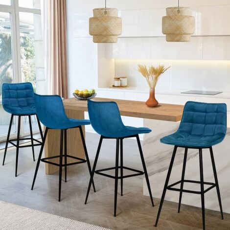Lote de 4 taburetes de bar MADY de terciopelo azul
