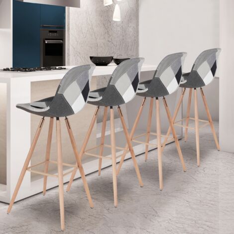 Lote de 4 taburetes de bar SARA patchwork negro, gris y blanco