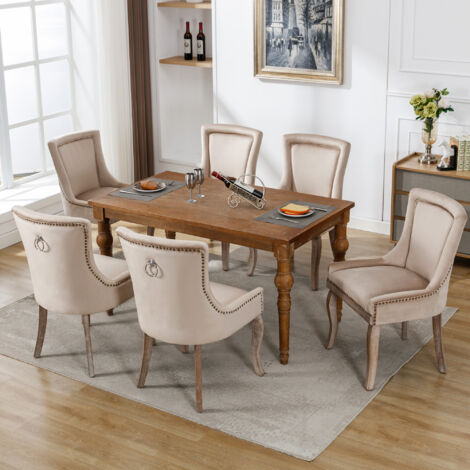 Lote de 6 sillas de comedor con tachuelas decorativas, patas de madera maciza, tela de terciopelo beige