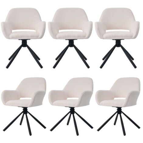 Lote de 6 sillas de comedor giratorias con reposabrazos, en tela sherpa, blanco, 60x60x80 cm