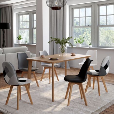 Lote de 6 sillas escandinavas SARA en gris oscuro, gris claro, blanco, negro y motivos patchwork en negro, gris y blanco