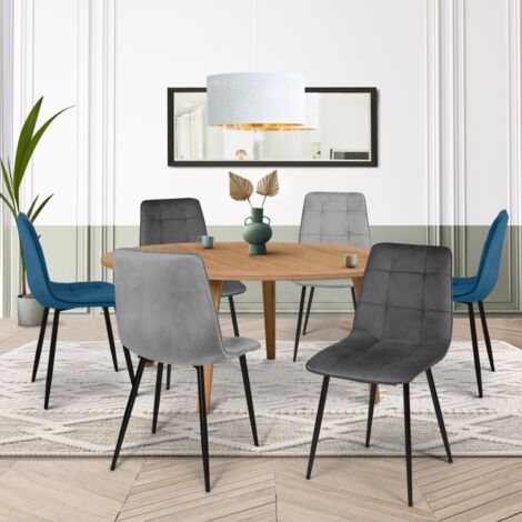 Lote de 6 sillas MILA en mezcla de terciopelo color azul x2, gris oscuro x2, gris claro x2