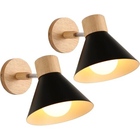 Lots de 2 Appliques Murales Intérieur Moderne E27 Lampe Murale Industrielle Réglable Applique Murale Bois Applique Murale Décoration pour Chambre Salon Couloir Café, Ø18cm Noir