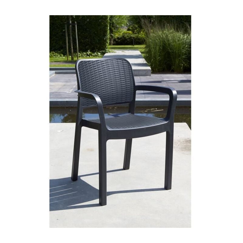 Les Tendances - Lots de 6 Fauteuils monoblocs coloris graphite - empilables en resine de synthese - imitation rotin tresse - allibert by keter -