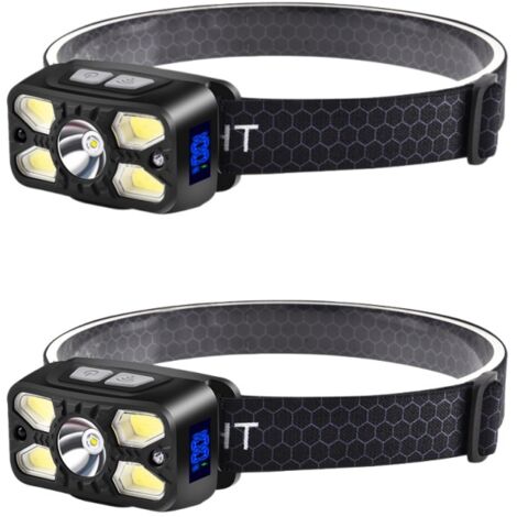 Lotto di 2 lampade frontali Led Ultra potenti 2500LM, lampada frontale ricaricabile USB C con affissione della potenza, 7 modalità di illuminazione, angolo regolabile a 45°, campeggio/emergenza