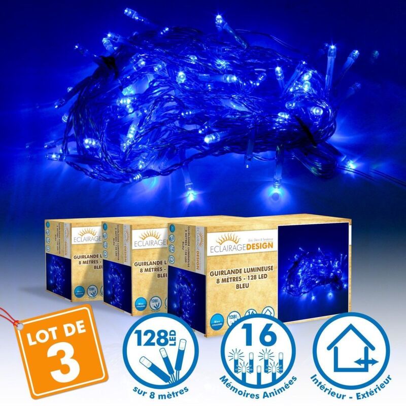 Lotto di 3 luci a corda 8 metri 128 LED - Blu