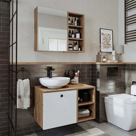 Lotus Bathroom Set of 2, Vanity Unit with Over Counter Wash Basin / Bowl and Mirror Cabinet, 75 cm, Oak Effect and White