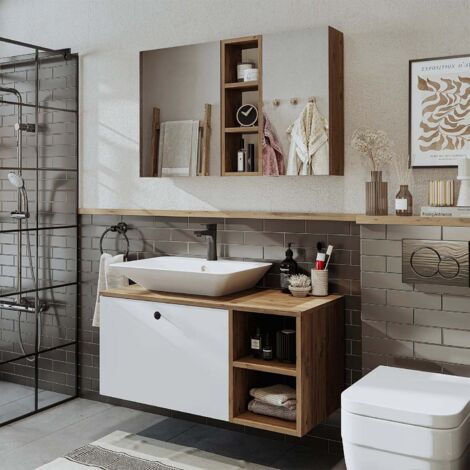 Lotus Bathroom Set of 2, Vanity Unit with Over Counter Wash Basin / Bowl and Mirror Cabinet, 95 cm, Oak Effect and White