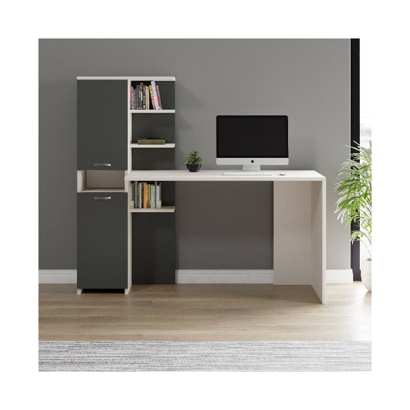 

Homemania - Lotus Escritorio - con libreria, estanterias, estantes, puertas - oficina, Stuidio, habitacion - Blanco, Antracita en Aglomerado