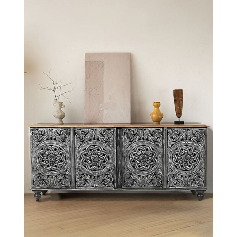 Lotus - Grand buffet noir cérusé en manguier massif sculpté 180 cm