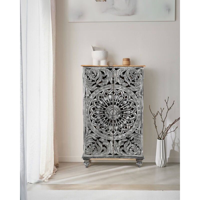 Uniqka - Lotus-Petit armoire cérusé en bois massif de manguier