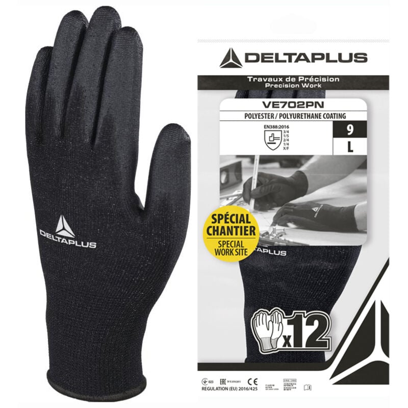 LOTX12 gant preci polyes endui PU08 polyest enduit pu paume et bout dgt Delta Plus VE702PNG1208