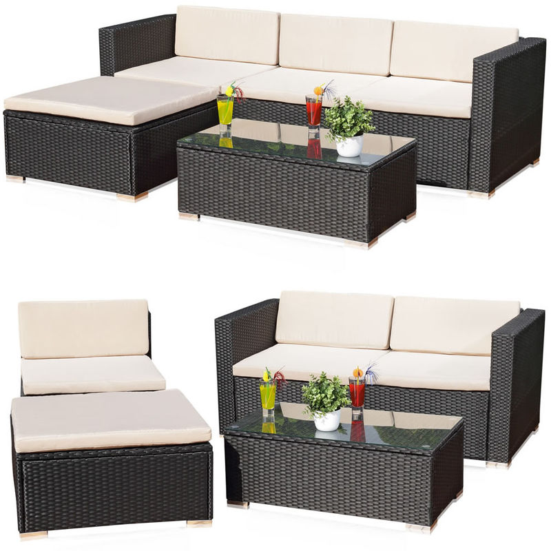 Mucola - Lounge Garden Set Divano da tavolo Cuscino nero Polyrattan Mobili da giardino Polyrattan