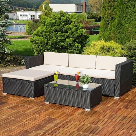 Lounge Gartengarnitur Sofa Tisch Kissen schwarz Polyrattan Gartenmöbel