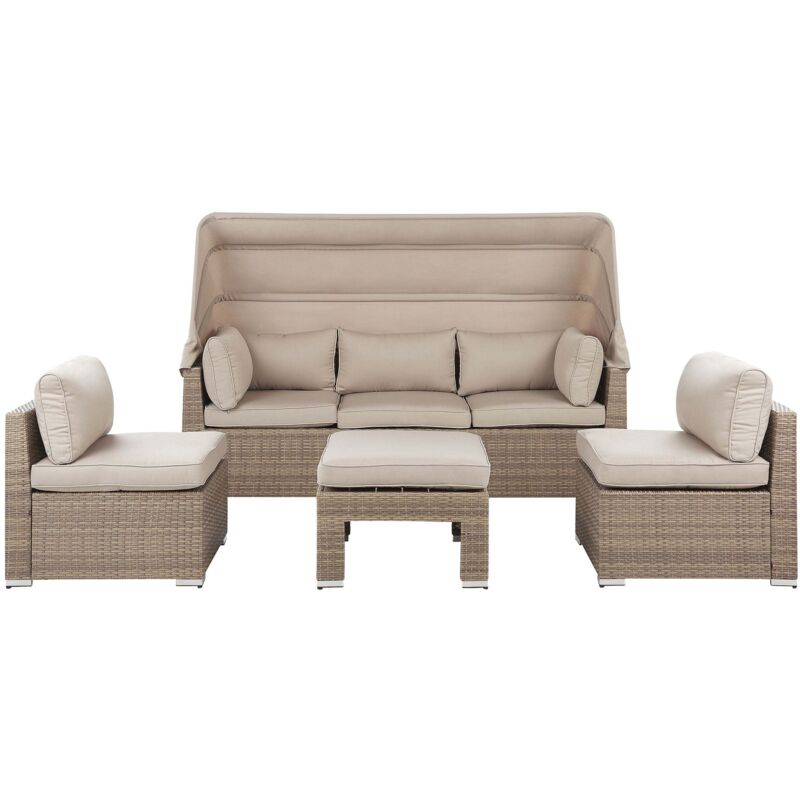 Beliani Lounge Set Braun Auflagen Beige Mit Überdachung 5-teiliges Modular Polyrattan Für Garten Für Terrasse Für Wintergarten