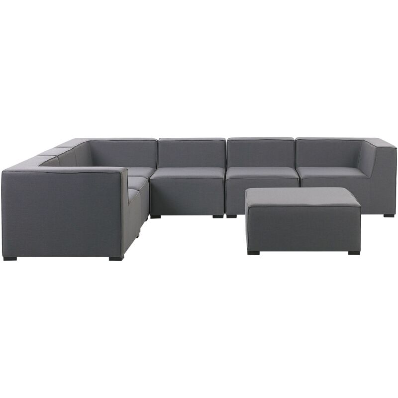 Beliani Lounge Set Grau Polsterbezug Modular 7-teilig Rechtsseitig Ecksofa Mit Ottomane Outdoor U. Indoor Für 7 Personen Garten Terrasse Wintergarten