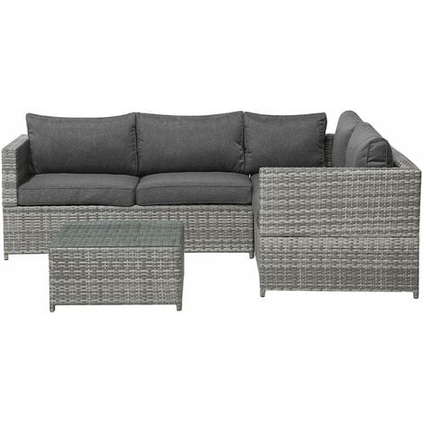 Lounge Set Grau Rattan 2-Teilig Modern 4-Sitzer Ecksofa Linksseitig mit Couchtisch Auflagen Dunkelgrau Terrasse Outdoor Gartenmöbel Sitzmöbel