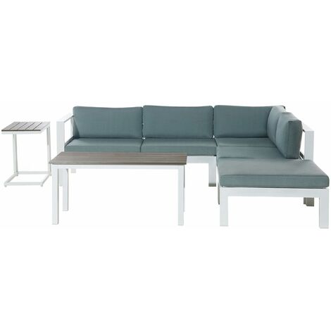 Lounge Set weiß Kunstholz Ecksofa mit Auflagen Beistell- und Couchtisch Messina - Grün