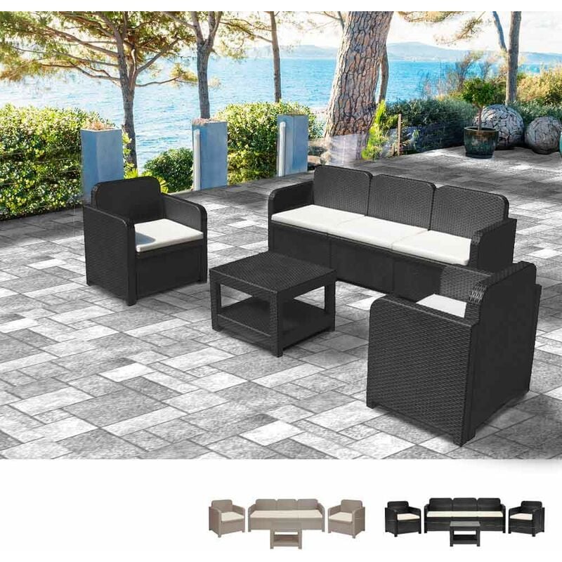 Grand Soleil - Loungeset Gartenmöbelset Outdoor Rattan Tisch Sofa Sessel 5 Pläzte Positano | Schwarz