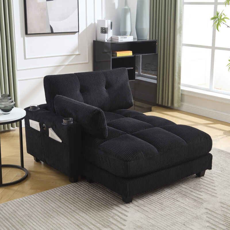 Stilvora Loungesofa Sessel Mit Getränkehaltern Und Usb, Verstellbares Kopfkissen, Cordstoff Schwarz