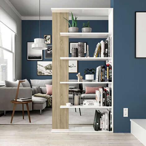 Loungitude – Bibliothèque séparateur de pièces 4 étagères Alida – Hauteur 180 cm – Longueur 90 cm – Panneaux mélaminés et métal