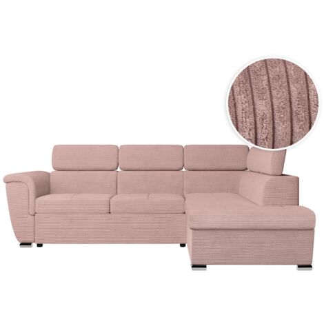 Loungitude – Canapé d'angle convertible 4 places en velours côtelé – Coffre de rangement intégré – Têtières réglables – Angle droit – Rose