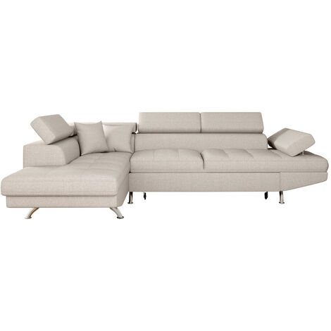 Loungitude – Canapé d'angle convertible avec coffre de rangement – 5 places – Dimensions 271x192 cm – Tissu beige – Accoudoirs réglables