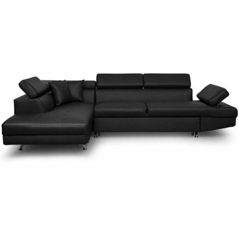 Loungitude – Canapé d'angle convertible noir avec coffre – 5 places – Structure en bois et métal – Accoudoir réglable – Dimensions 271x192cm