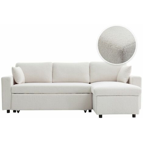 Loungitude – Canapé d'angle convertible réversible en tissu bouclette – Espace de couchage 140x190 cm – Coffre de rangement – Blanc