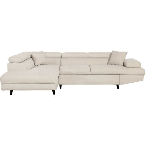 Loungitude – Canapé d'angle convertible scandinave avec coffre en tissu – Beige – Accueille 5 personnes – Dimensions 271x192cm – Couchage 135x195cm