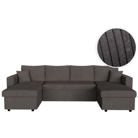 Loungitude – Canapé d'angle panoramique convertible 6 places avec 2 coffres – Velours côtelé gris foncé – Système de couchage tiroir lit