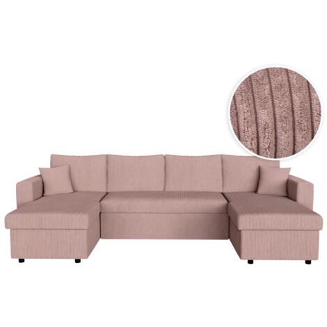 Loungitude – Canapé d'angle panoramique convertible 6 places avec 2 coffres – Velours côtelé rose – Système de couchage tiroir lit