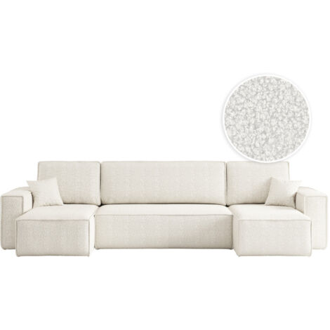 Loungitude – Canapé d'angle panoramique convertible 6 places en tissu bouclette doux – Grand format en U – Coffre de rangement intégré – Blanc