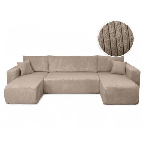 Loungitude – Canapé d'angle panoramique convertible 6 places en velours côtelé – Dossier basculant – Coffre de rangement intégré – Taupe
