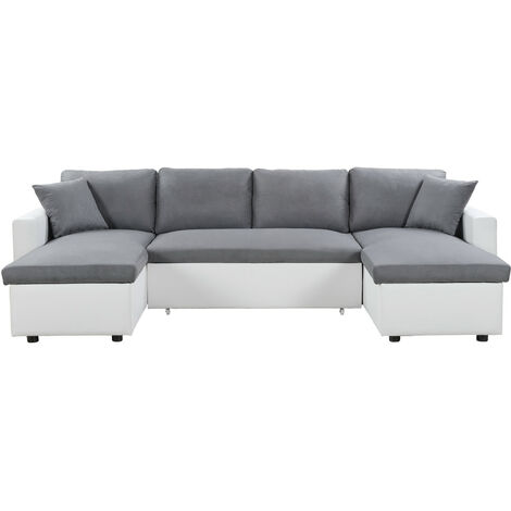 Loungitude – Canapé d'angle panoramique convertible en simili et microfibre – 6 places – Dimensions L 287 x P 57/146 cm – Blanc et gris