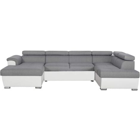 Loungitude – Canapé d'angle panoramique convertible en simili et tissu – Blanc et gris – Grand coffre de rangement – Dimensions 320,5 x 188 x 76/90 cm