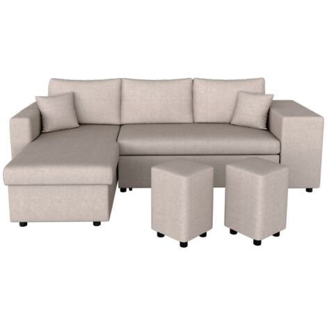 Loungitude – Canapé d'angle réversible 3 places en tissu beige – Coffre de rangement – Poufs dissimulés – Convertible en lit – Fabrication européenne