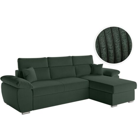 Loungitude – Canapé d'angle réversible convertible avec coffre et têtières réglables en velours côtelé – Assise moelleuse – Vert foncé