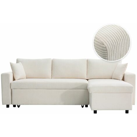 Loungitude – Canapé d'angle réversible convertible en velours côtelé – Coffre de rangement intégré – Dimensions couchage 140x190 cm – Blanc