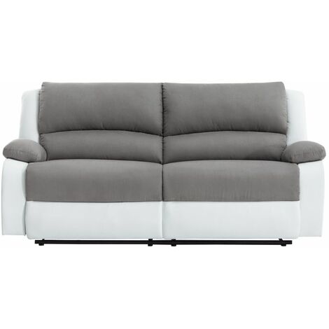 Loungitude – Canapé relax manuel 3 places XXL en microfibre et simili – Dossier inclinable jusqu'à 170° – Repose-pieds relevable – Blanc/Gris