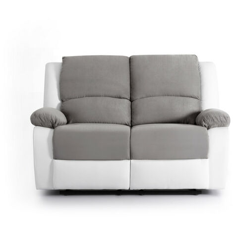 Loungitude – Canapé relaxation 2 places microfibre gris et simili blanc – Inclinaison jusqu'à 170° – Confort optimal avec mousse haute densité