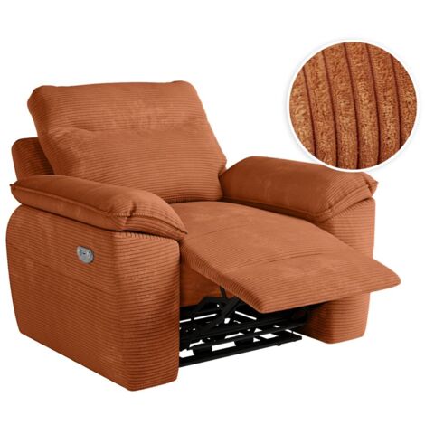 Loungitude – Fauteuil relax électrique en velours côtelé terracotta – Longueur 101 cm, Hauteur 102 cm, Profondeur 100 cm – Prise USB intégrée
