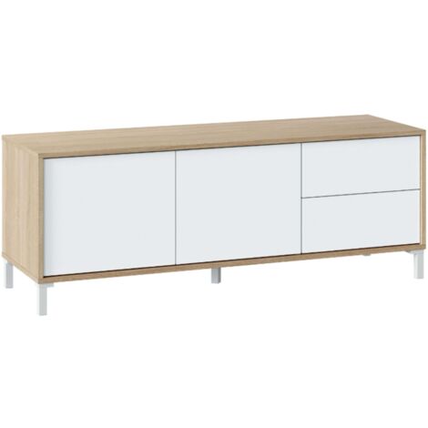 Loungitude – Meuble TV scandinave en chêne canadien et blanc Artik – 130 cm L x 41 cm P x 47 cm H – 2 portes et 2 tiroirs pour rangement optimal