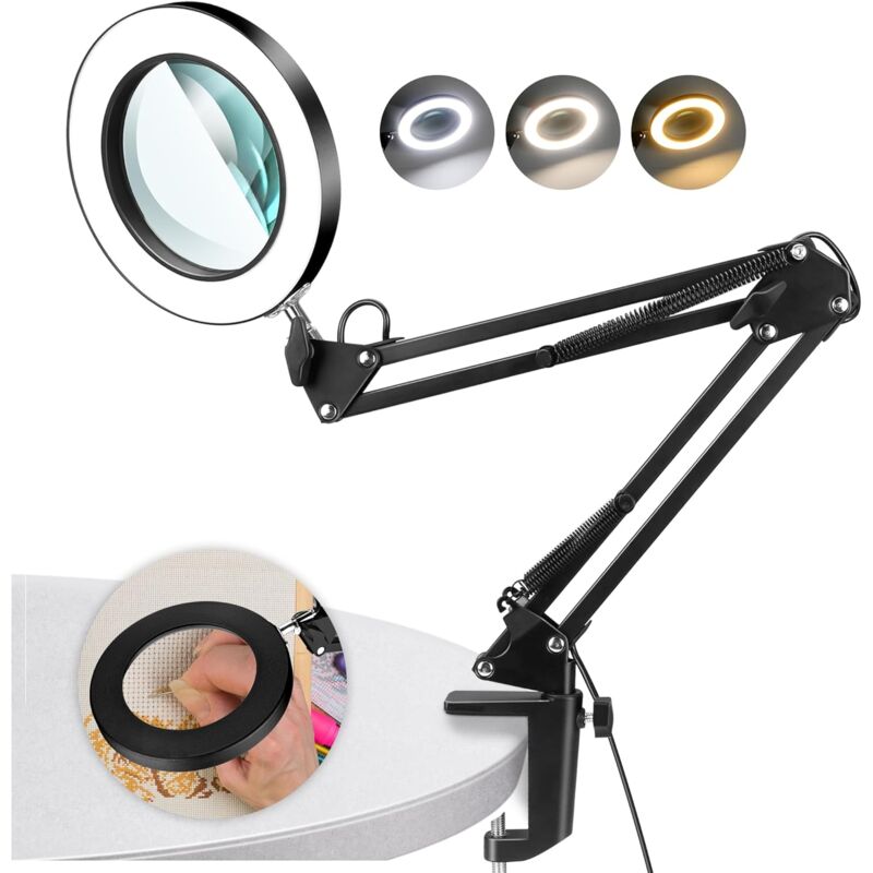 Loupe 10 x avec lumière et support, loupe avec lumière, 3 modes de couleurs en continu, 10 niveaux d'intensité variable, lampe de bureau LED pour le