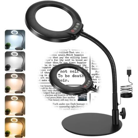 Loupe 10X avec lumière et support, 5 modes de couleur, mains libres, flexible, col de cygne avec lumière, pour artisanat, loisirs, peinture, nail design, bijoux