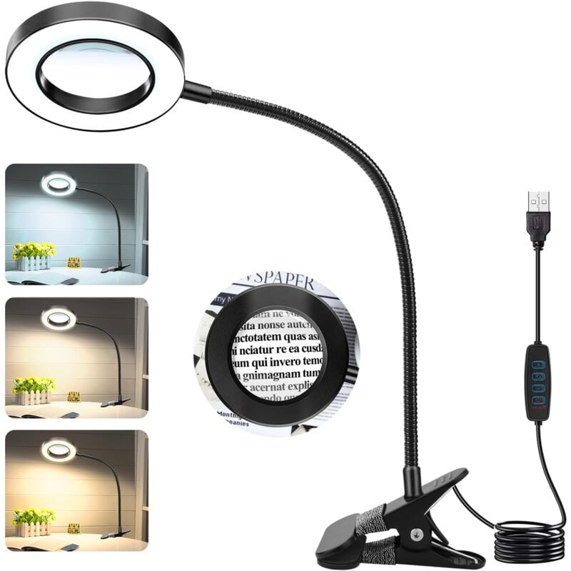 Loupe 10X avec lumière, Loupe à Pince avec lumière, Loupe de Bureau 48 LED avec Pince, Lampe loupe LED 3 Modes dimmable pour Le lit, Le Travail,