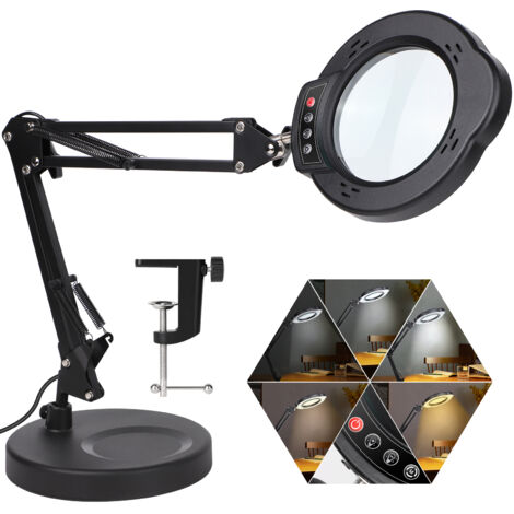 Loupe avec lumière et support, lampe de bureau loupe 10X en verre véritable 2 en 1 et clip, pour l'entretien, l'artisanat, la Lecture, la Couture, Noir