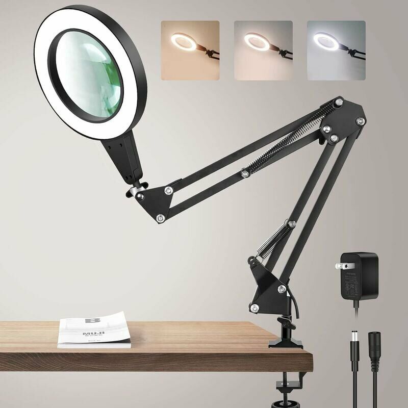 Alovez - Loupe avec lumière et support, lampe de bureau loupe 8X en verre véritable 2 en 1 et clip, commande tactile 3 modes led loupe lumineuse à
