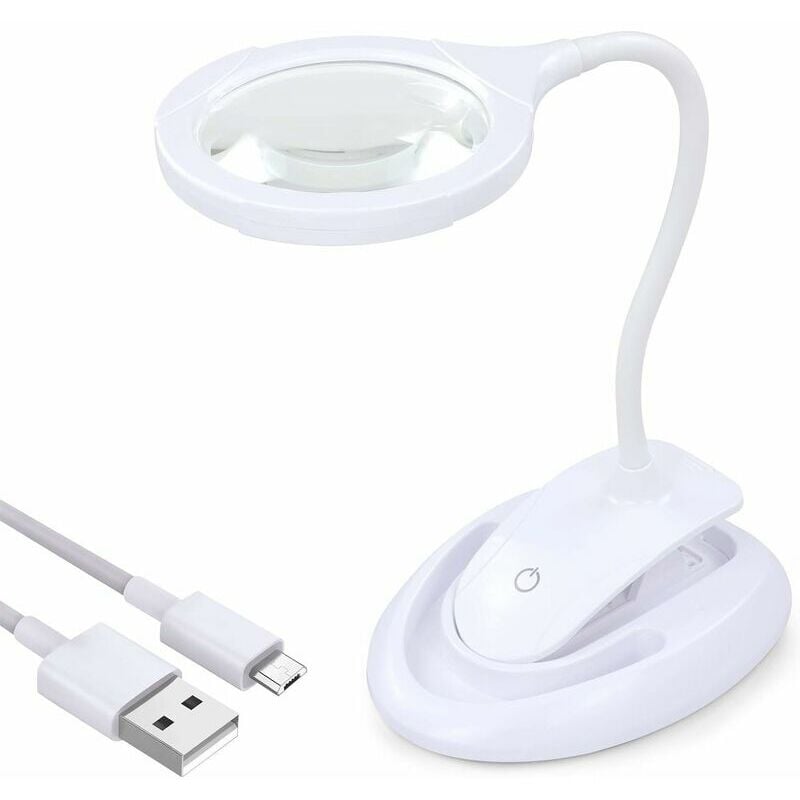 Loupe avec lumière, lampe grossissante 5X 10X avec support et pince, lampe grossissante de bureau rechargeable et à luminosité réglable pour la